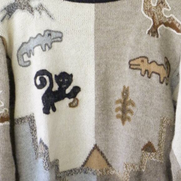 Peruvian Baby Alpaca Primitive Animal Intarsia Sweater Neutral Beige Tan Small - Picture 10 of 10